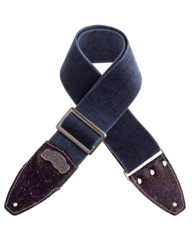 Guitar Strap Blu Cotton And Genuine Leather 8 Cm Embossed Stripe SS Cotton Washed 