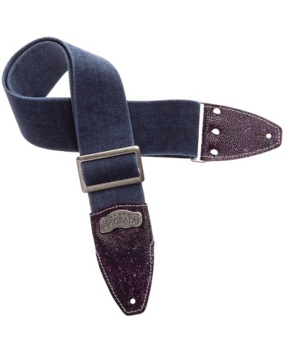 Guitar Strap Blu Cotton And Genuine Leather 8 Cm Embossed Stripe SS Cotton Washed 