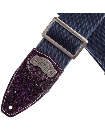 Guitar Strap Blu Cotton And Genuine Leather 8 Cm Embossed Stripe SS Cotton Washed 