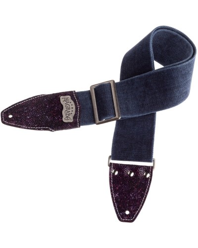 Guitar Strap Blu Cotton And Genuine Leather 8 Cm Embossed Stripe SS Cotton Washed 