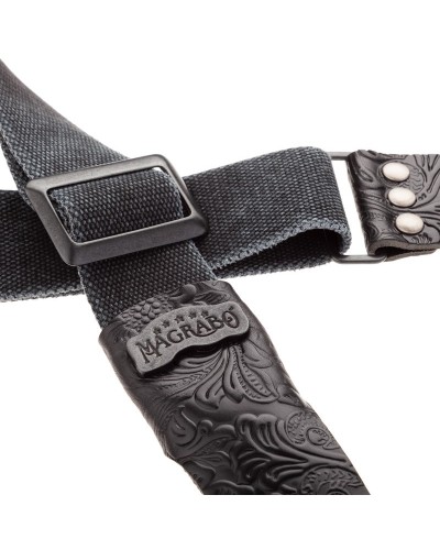 Guitar Strap Black Cotton And Genuine Leather 5 Cm Twinkle Stripe SC Cotton Washed 