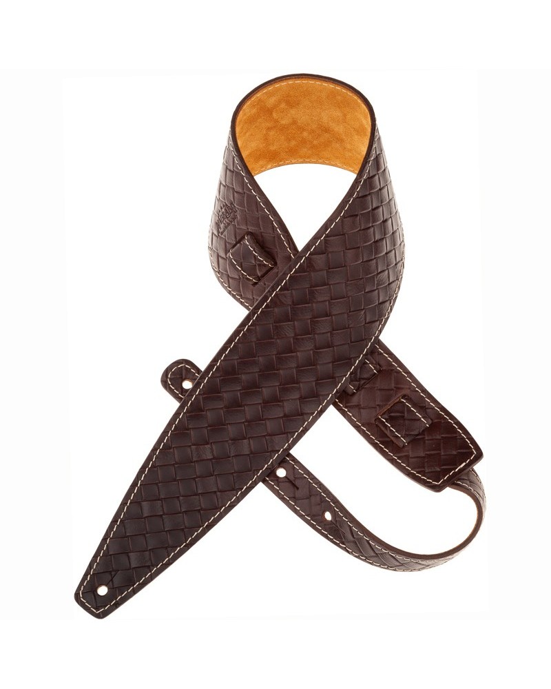 Guitar Strap Brown Certified Vegetable Tanned Leather 10 Cm Intreccio Holes HS Embossed 