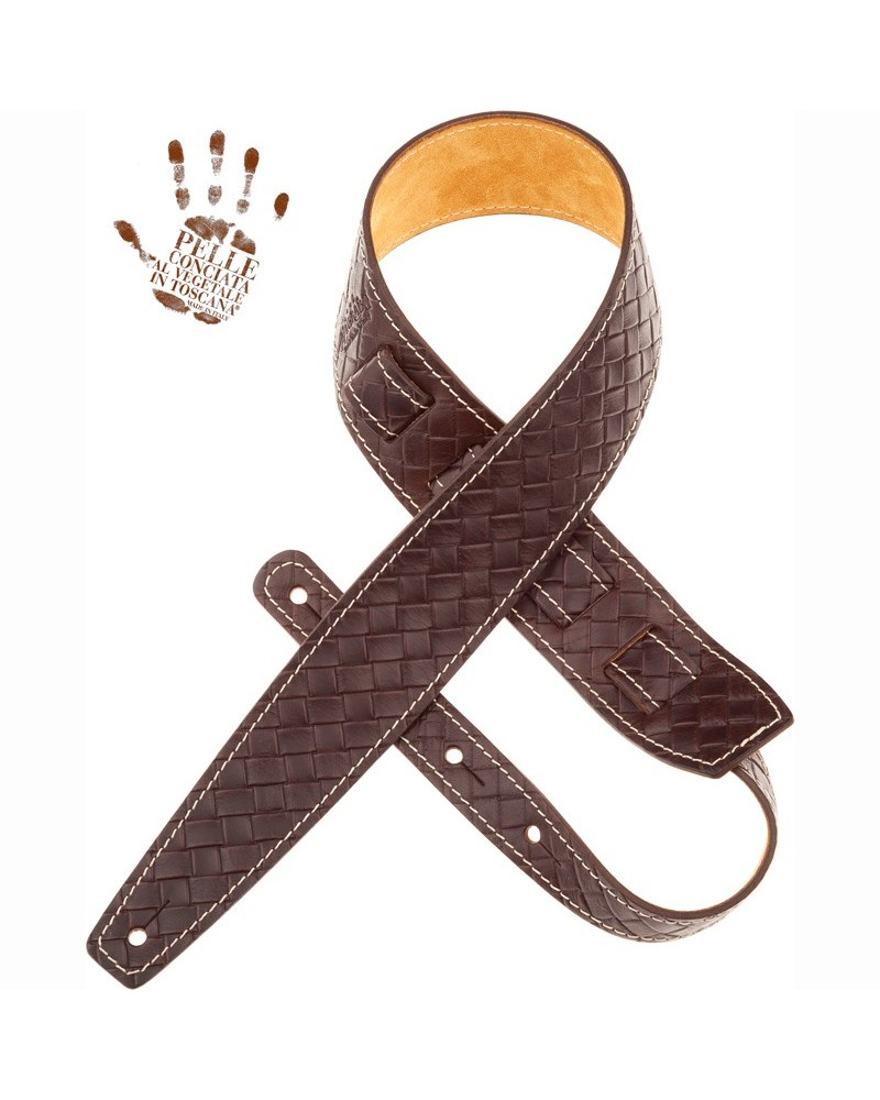 Guitar Strap Brown Certified Vegetable Tanned Leather 6 Cm Intreccio Holes HS Embossed 