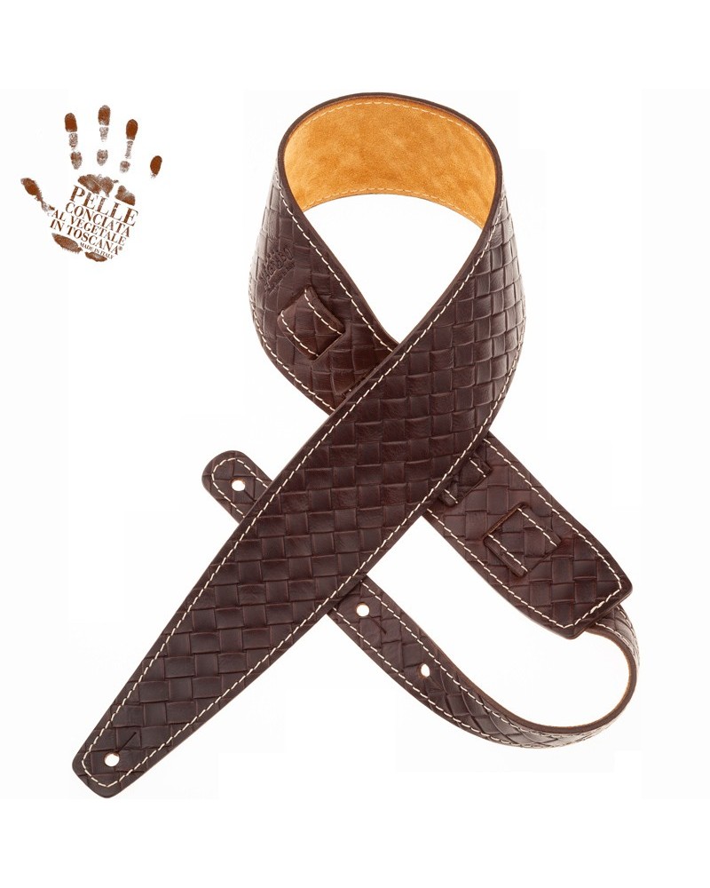 Guitar Strap Brown Certified Vegetable Tanned Leather 8 Cm Intreccio Holes HS Embossed 