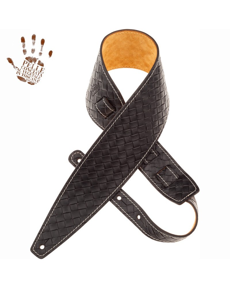 Guitar Strap Black Certified Vegetable Tanned Leather 10 Cm Intreccio Holes HS Embossed 