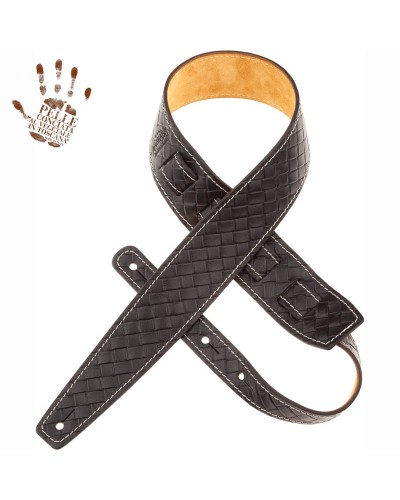 Guitar Strap Black Certified Vegetable Tanned Leather 6 Cm Intreccio Holes HS Embossed 