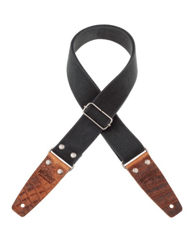 Guitar Strap Black Cotton And Genuine Leather 5 Cm Embossed Stripe SC Entry Olded 