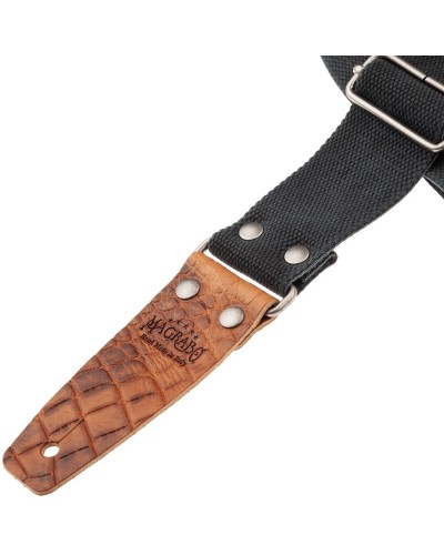 Guitar Strap Black Cotton And Genuine Leather 5 Cm Embossed Stripe SC Entry Olded 