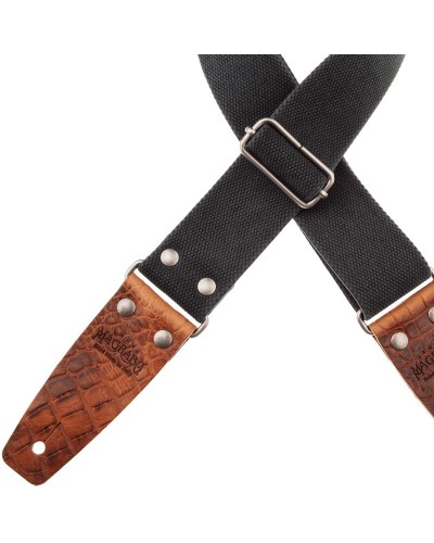 Guitar Strap Black Cotton And Genuine Leather 5 Cm Embossed Stripe SC Entry Olded 