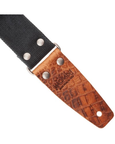 Guitar Strap Black Cotton And Genuine Leather 5 Cm Embossed Stripe SC Entry Olded 