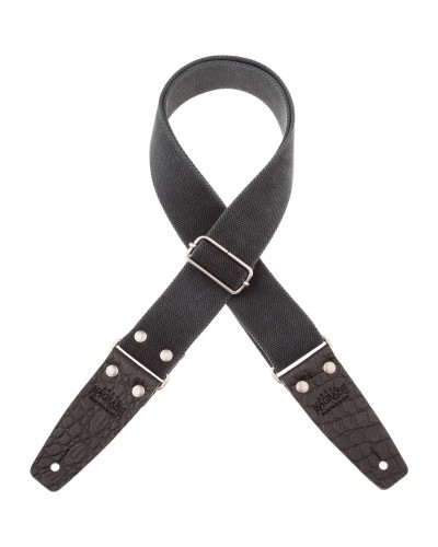 Guitar Strap Black Cotton And Genuine Leather 5 Cm Embossed Stripe SC Entry Olded 