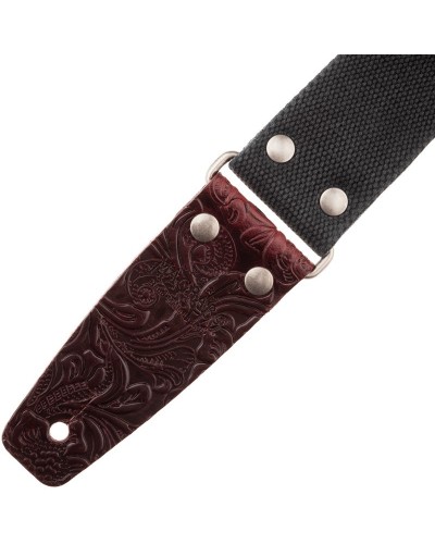 Guitar Strap Black Cotton And Genuine Leather 5 Cm Embossed Stripe SC Entry Olded 