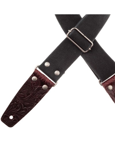 Guitar Strap Black Cotton And Genuine Leather 5 Cm Embossed Stripe SC Entry Olded 