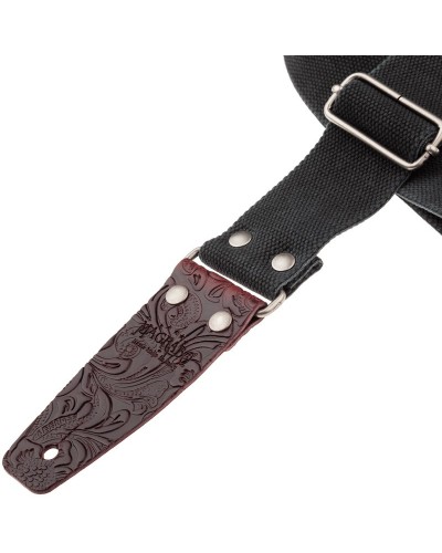 Guitar Strap Black Cotton And Genuine Leather 5 Cm Embossed Stripe SC Entry Olded 