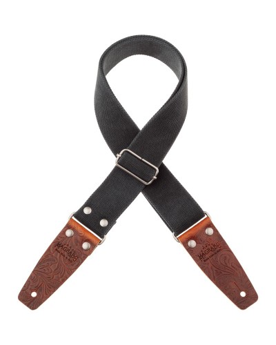 Guitar Strap Black Cotton And Genuine Leather 5 Cm Embossed Stripe SC Entry Olded 