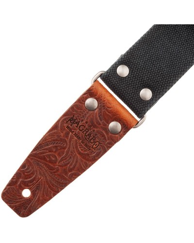 Guitar Strap Black Cotton And Genuine Leather 5 Cm Embossed Stripe SC Entry Olded 