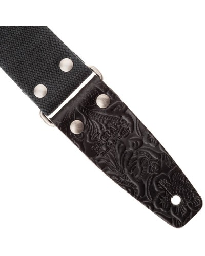 Guitar Strap Black Cotton And Genuine Leather 5 Cm Embossed Stripe SC Entry Olded 