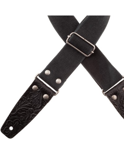 Guitar Strap Black Cotton And Genuine Leather 5 Cm Embossed Stripe SC Entry Olded 