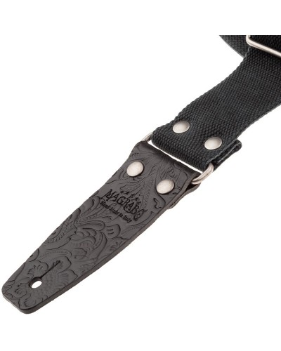 Guitar Strap Black Cotton And Genuine Leather 5 Cm Embossed Stripe SC Entry Olded 