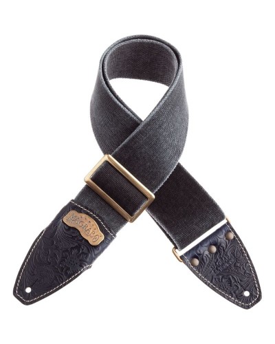 Guitar Strap Black Cotton And Genuine Leather 8 Cm Embossed Stripe SS Cotton Washed 