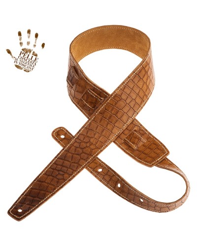 Guitar Strap Brown Certified Vegetable Tanned Leather 6 Cm Holes HS Embossed 