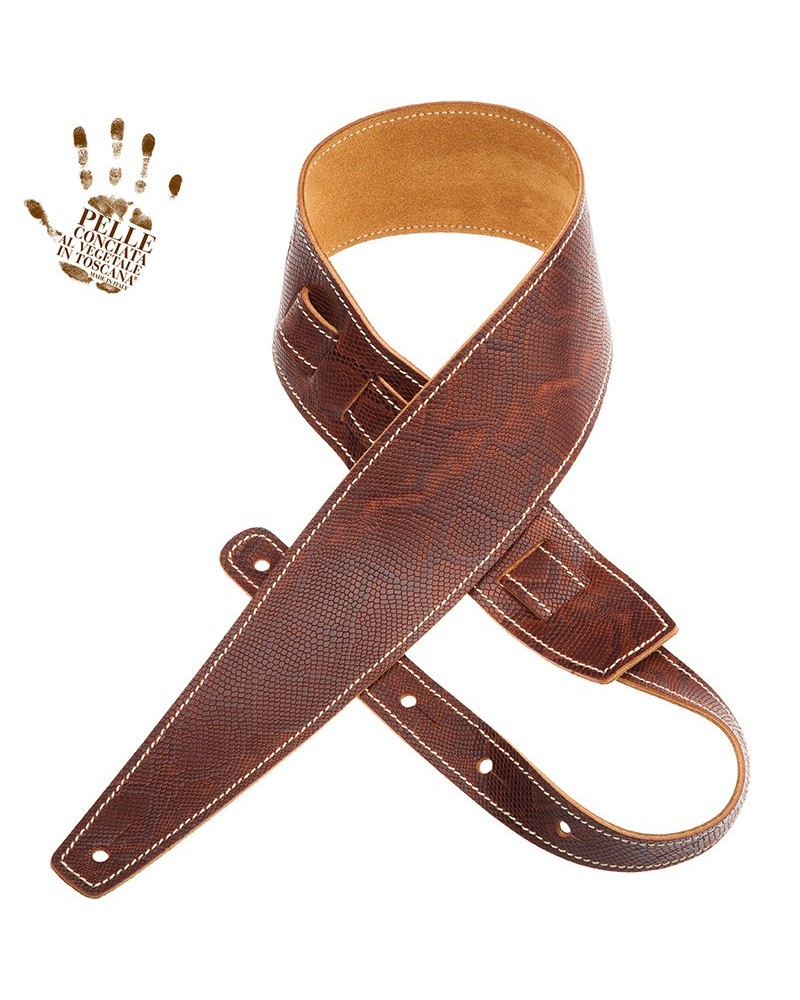 Guitar Strap Brown Vera Pelle Concia Al Vegetale 8 Cm Snake Holes HS Embossed 