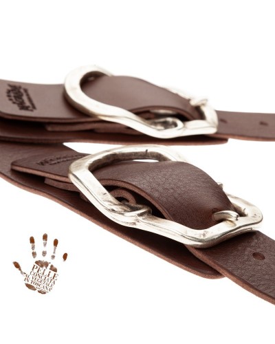 Guitar Strap Brown Certified Vegetable Tanned Leather 7 Cm Old Rounded Twin Buckle TC Core 