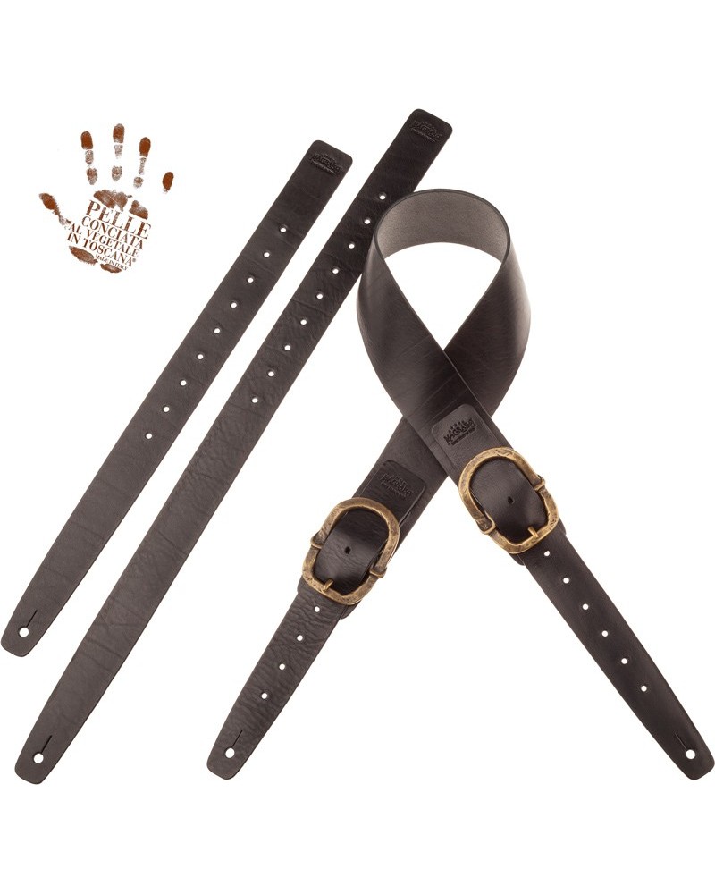 Guitar Strap Black Certified Vegetable Tanned Leather 7 Cm Old Rounded Twin Buckle TC Core 