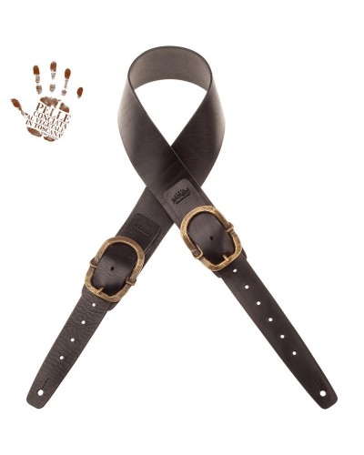 Guitar Strap Black Certified Vegetable Tanned Leather 7 Cm Old Rounded Twin Buckle TC Core 