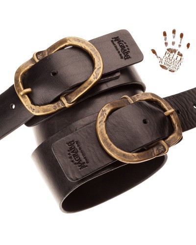 Guitar Strap Black Certified Vegetable Tanned Leather 7 Cm Old Rounded Twin Buckle TC Core 