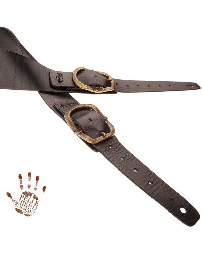 Guitar Strap Black Certified Vegetable Tanned Leather 7 Cm Old Rounded Twin Buckle TC Core 