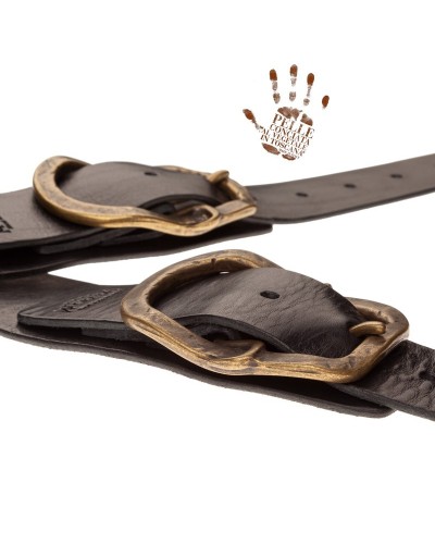 Tracolla per Chitarra e Basso Nero Vera Pelle Conciata Al Vegetale 7 Cm Old Rounded Twin Buckle TC Core 