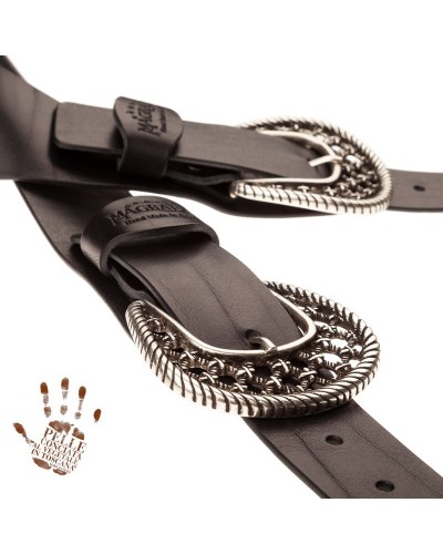 Tracolla per Chitarra e Basso Nero Vera Pelle Conciata Al Vegetale 7 Cm Woven Twin Buckle TC Core 