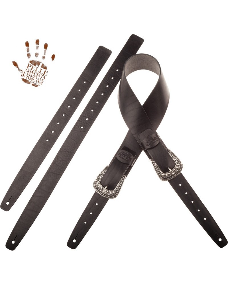 Tracolla per Chitarra e Basso Nero Vera Pelle Conciata Al Vegetale 7 Cm Drop Twin Buckle TC Core 