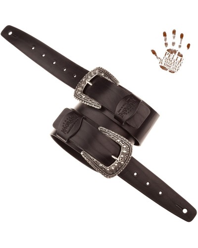 Tracolla per Chitarra e Basso Nero Vera Pelle Conciata Al Vegetale 7 Cm Drop Twin Buckle TC Core 