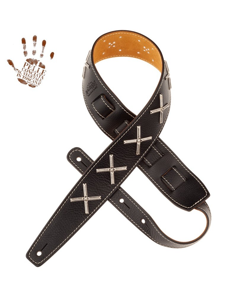 Guitar Strap Black Certified Vegetable Tanned Leather 6 Cm Holes HS Core 