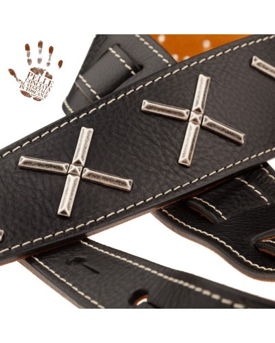 Guitar Strap Black Certified Vegetable Tanned Leather 6 Cm Holes HS Core 