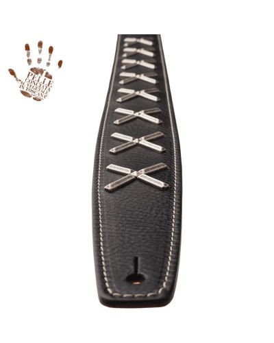 Guitar Strap Black Certified Vegetable Tanned Leather 6 Cm Holes HS Core 