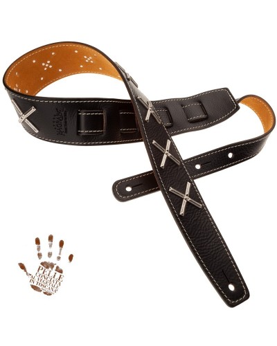 Guitar Strap Black Certified Vegetable Tanned Leather 6 Cm Holes HS Core 