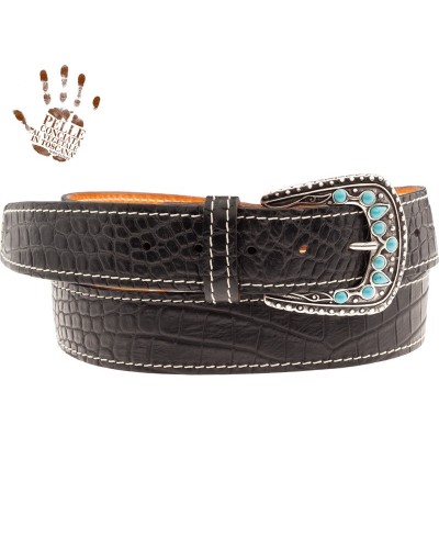 belt bs cintura in vera pelle embossed cocco pros nero fibbia drop stone turchese