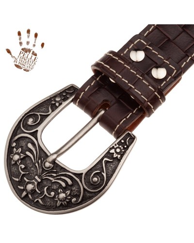 belt bs cintura in vera pelle embossed inteccio marrone fibbia el charro argento