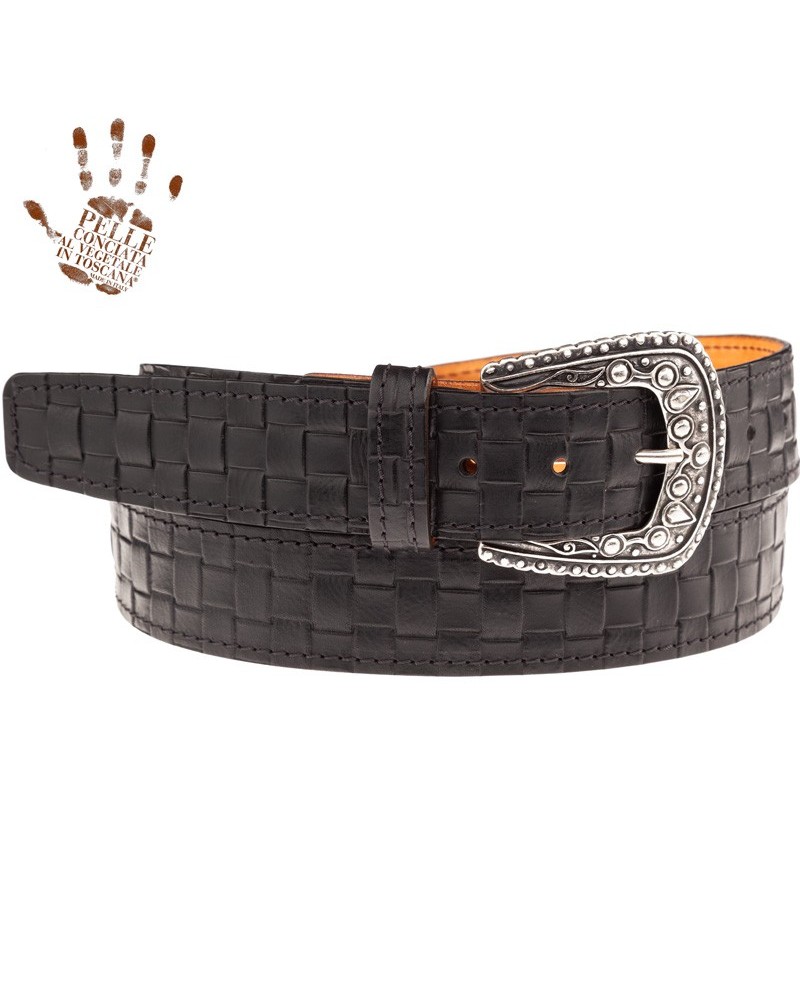 belt bs cintura in vera pelle embossed inteccio nero fibbia drop argento