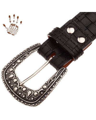 belt bs cintura in vera pelle embossed inteccio nero fibbia drop argento