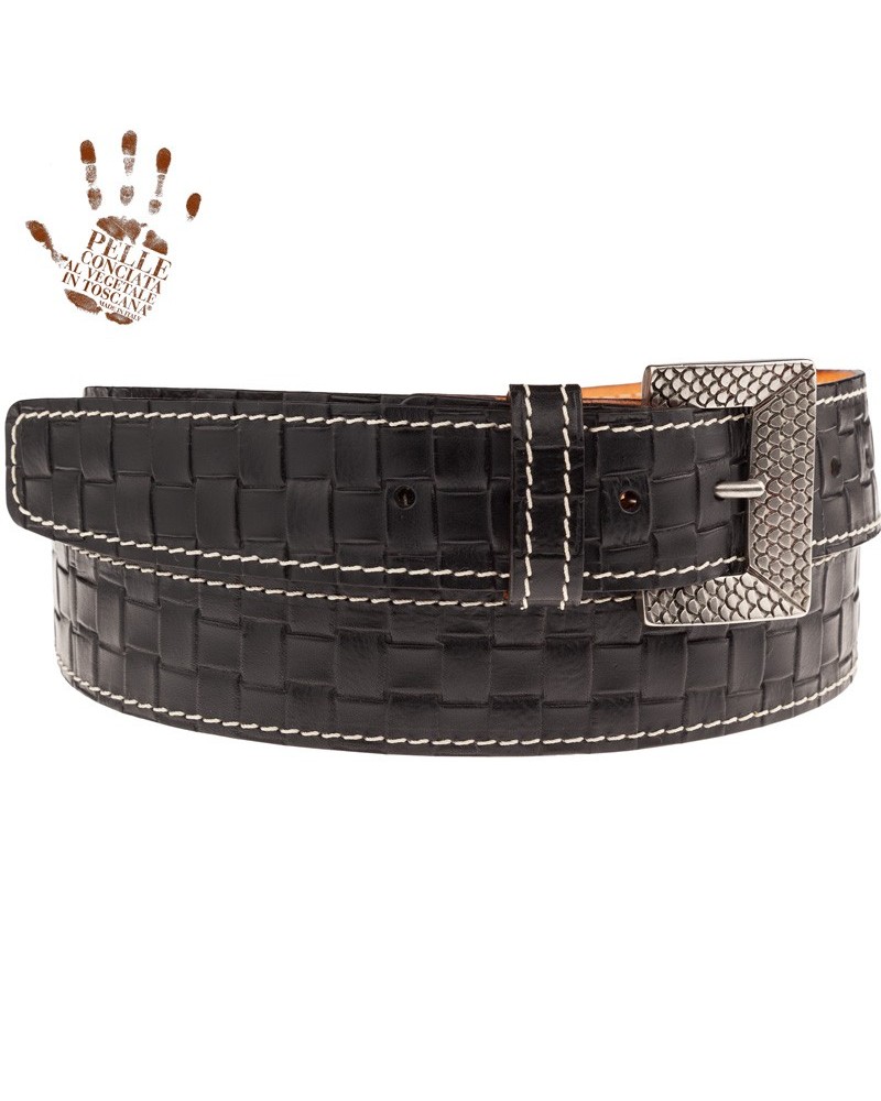 belt bs cintura in vera pelle embossed inteccio nero fibbia scaled argento