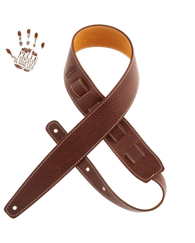 Guitar Strap Brown Certified Vegetable Tanned Leather 6 Cm Holes HS Embossed 