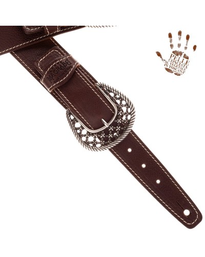 Guitar Strap Brown Certified Vegetable Tanned Leather 7 Cm Woven Twin Buckle TS Core 