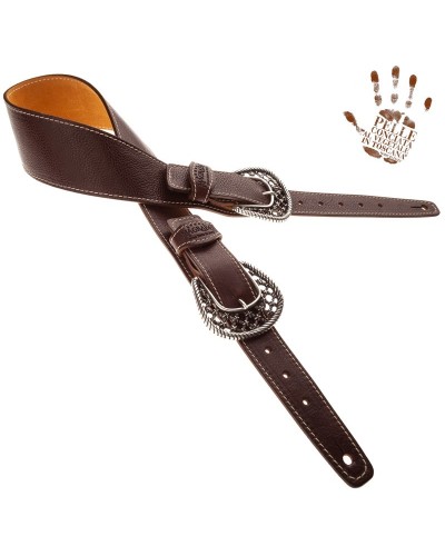 Guitar Strap Brown Certified Vegetable Tanned Leather 7 Cm Woven Twin Buckle TS Core 