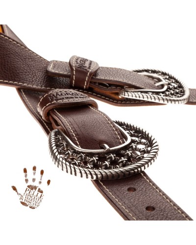 Guitar Strap Brown Certified Vegetable Tanned Leather 7 Cm Woven Twin Buckle TS Core 