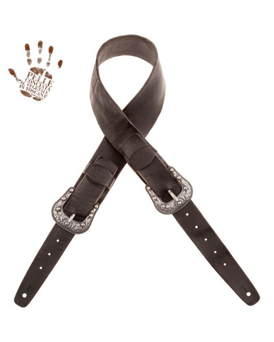 Tracolla per Chitarra e Basso Nero Vera Pelle Conciata Al Vegetale 7 Cm Twin Buckle TC Stone Washed 