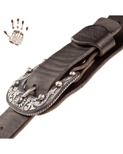 Guitar Strap Black Certified Vegetable Tanned Leather 7 Cm Twin Buckle TC Stone Washed 